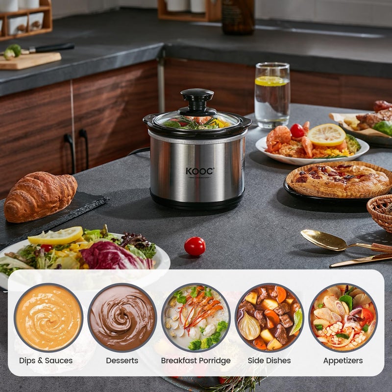 KOOC Small Slow Cooker, 0.65-Quart, Free Liners Included for Easy Clean-up, Upgraded Ceramic Pot, Nutrient Loss Reduction, Stainless Steel, Silver, Round - Image 5